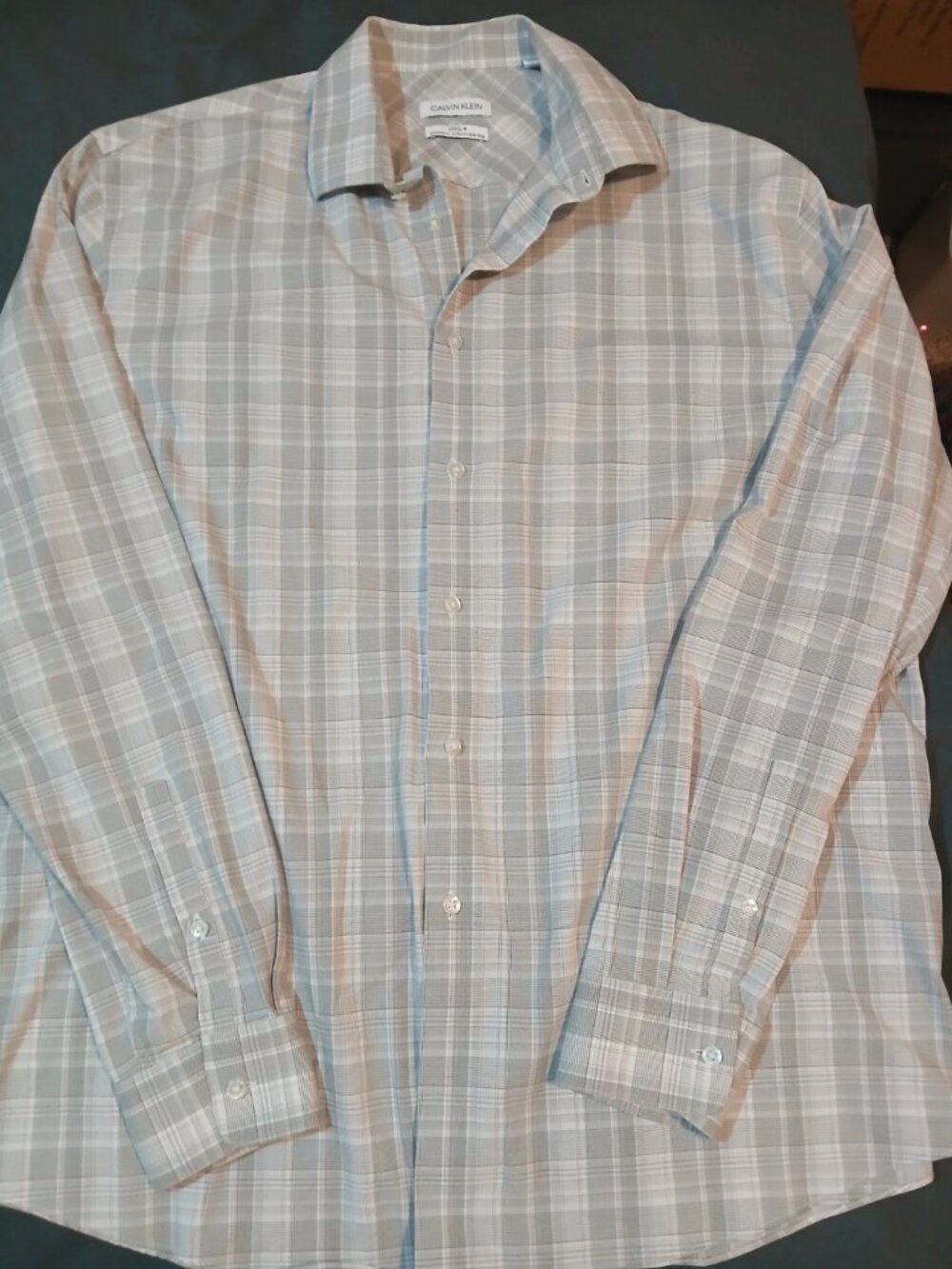 Calvin Klein Steel+ Slim Fit Stretch White/Gray Plaid Long Sleeve Shirt Men’s XL